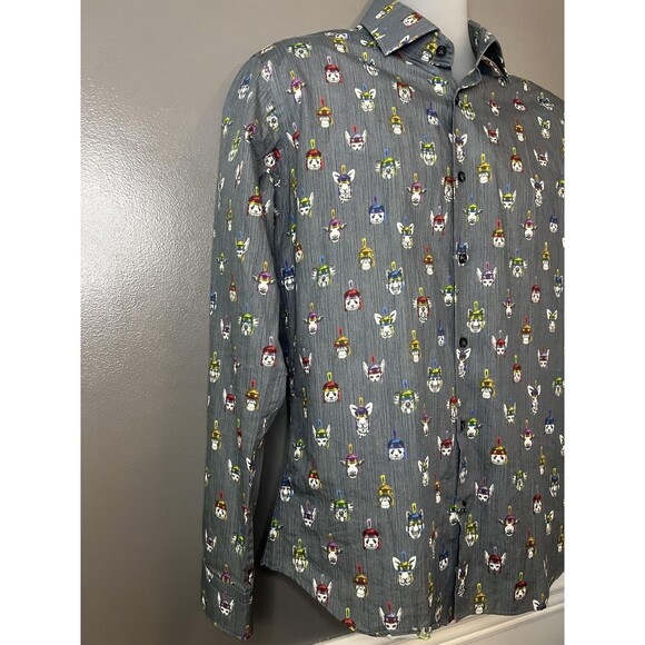 Jared Lang Shirt Mens Medium Gray Novelty Dog Print Button Front Cotton Casual - Picture 3 of 9